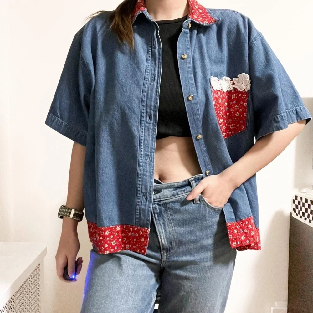Vintage PTNY Denim Chambray and Calico Short Sleeve Button Up Blouse - Picture 2 of 4